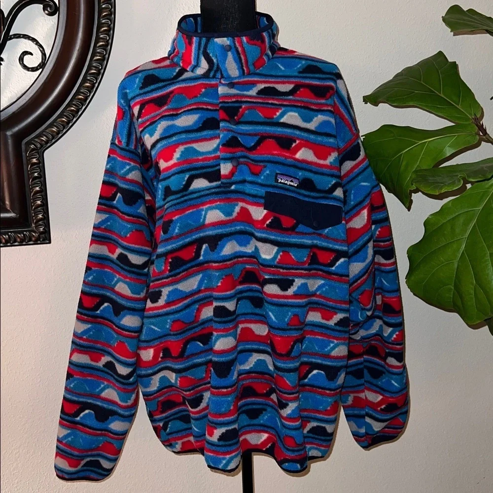Patagonia Men’s Synchilla Snap-T Pullover Delta Wave Navy Blue Red White XXL